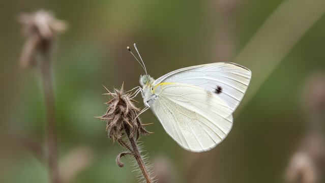 A white butterfly perched on a dry flower in a natural setting