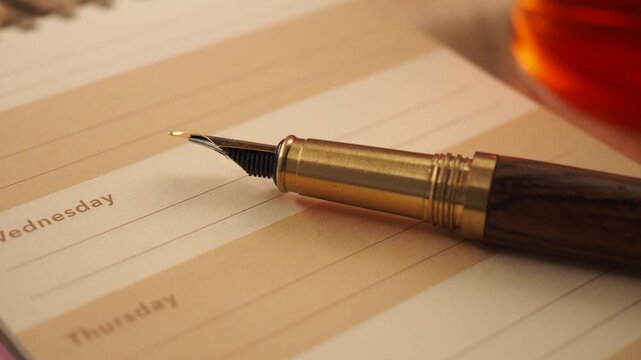 Close up view of fountain pen on planner, recording appointments and scheduling daily tasks.