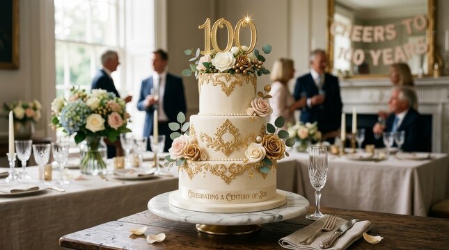 Elegant three tier 100th birthday cake with gold decorations and fresh flowers celebrating a centennial milestone in a grand event