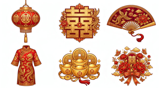 Chinese Wedding Elements Set Lantern Double Happiness Red Gold Vector Collection