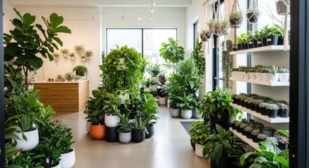 Fototapeta premium A contemporary plant shop showcasing a diverse array of healthy houseplants in an aesthetically pleasing and well-lit environment, perfect for nature enthusiasts and home decor inspiration