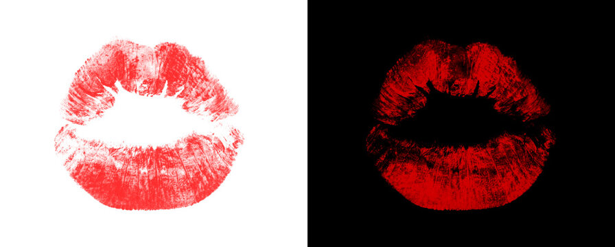 Bold red lipstick kiss imprint on transparent and black background.