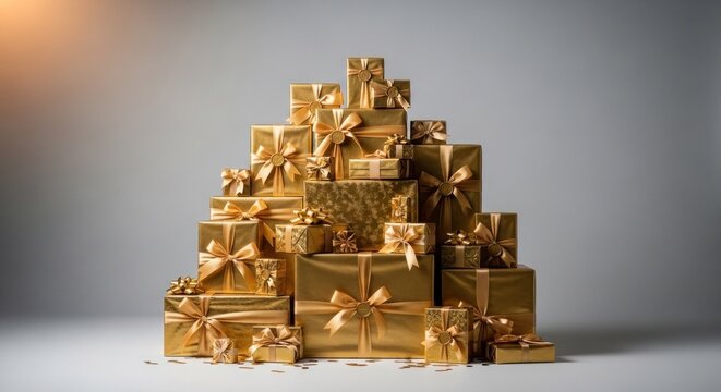 Luxurious Stack of Golden Gift Boxes with Ribbons.