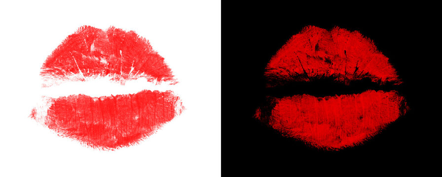 Detailed red lip imprint with realistic skin texture on transparent.