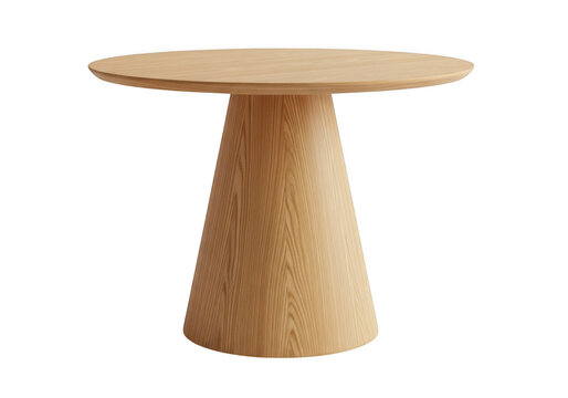 Minimalist round dining table featuring a solid light oak wood construction with a conical base