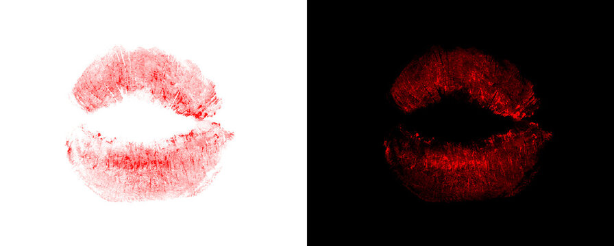 Faded red lipstick kiss impression on transparent and black backgrounds.