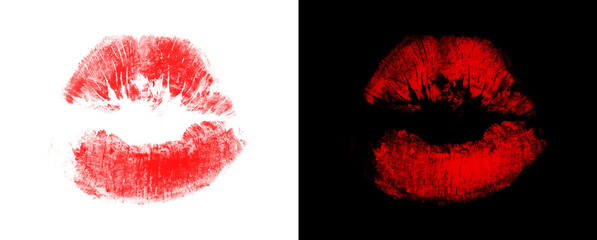 Red lipstick kiss mark on transparent and black background. © Creative Png
