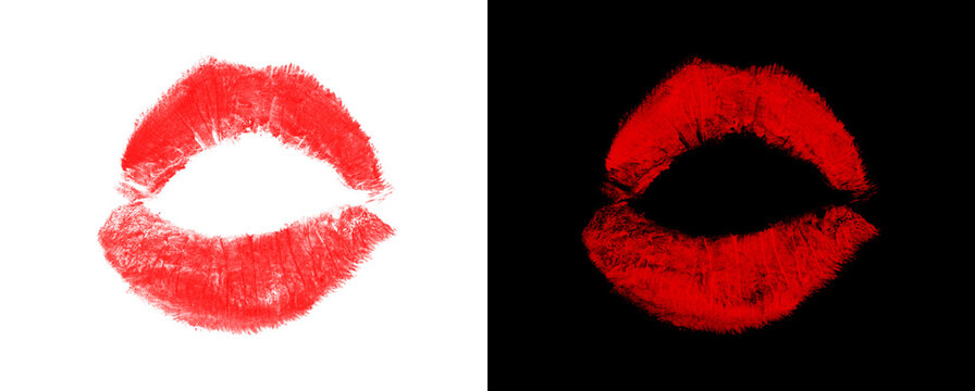 Lipstick kiss mark red on transparent black background.
