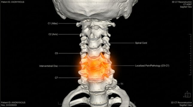 Detailed 3D CT reconstruction of human cervical spine showing localized pain or pathology in neck vertebrae C5 to C7