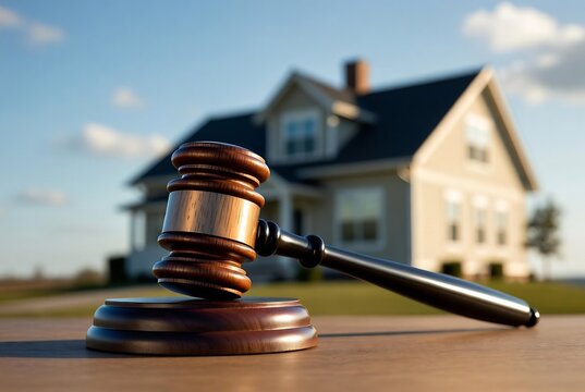A gavel rests on a table with a house in the background, suggesting a foreclosure or property-related legal matter.