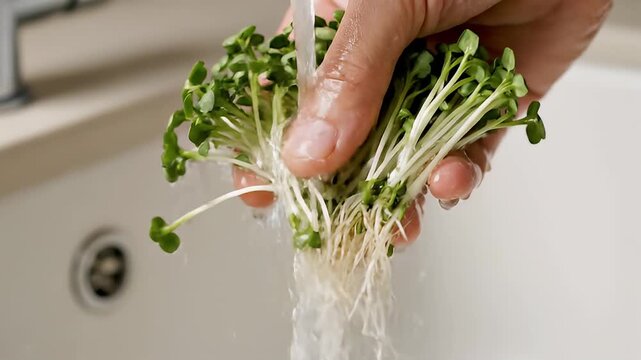 Hand washing fresh green sprouts under running water in kitchen sink