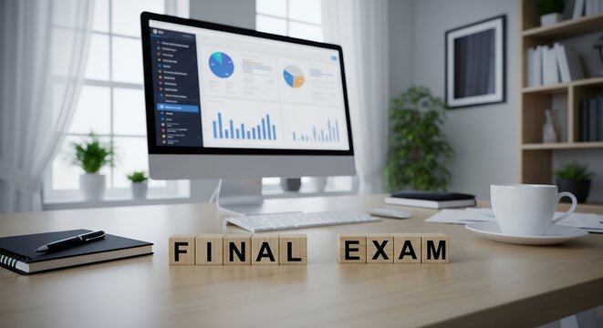 Study desk with computer showing graphs and charts. Wooden blocks spell "FINAL EXAM" in front of monitor. Cup of coffee sits beside keyboard and notebook. Desk holds books, plant, and framed picture