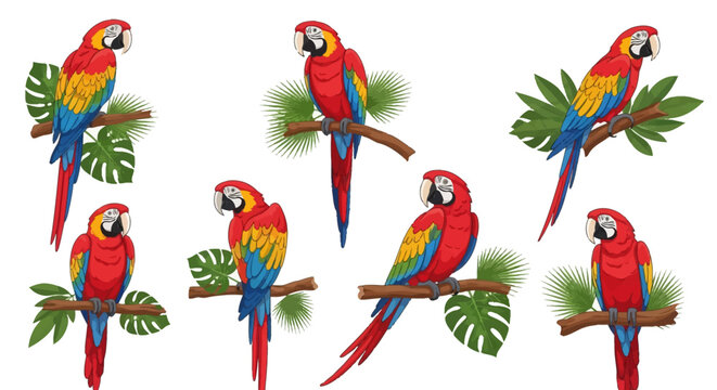 Vector set of colorful scarlet macaw parrots perched on tree branches with tropical monstera and palm leaves, isolated on white background, various poses of exotic red birds.