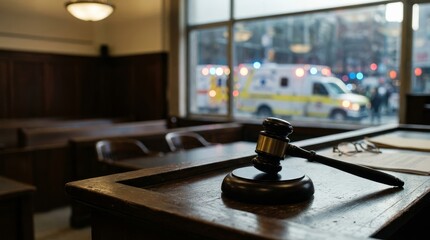 Obraz premium Gavel resting on a wooden courtroom table with an ambulance and emergency lights visible through a large window creating a dramatic legal scene