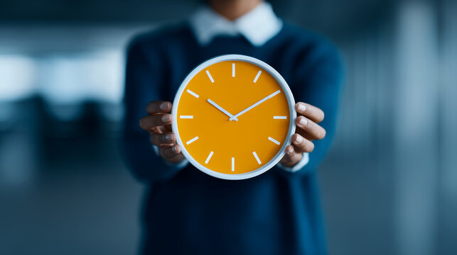 Achieving business success with time management is essential as shown by person holding yellow clock symbolizing productivity and effective planning in modern office