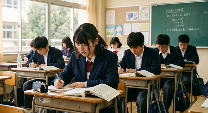 授業に集中する日本の高校生たちの教室風景　Generative AI