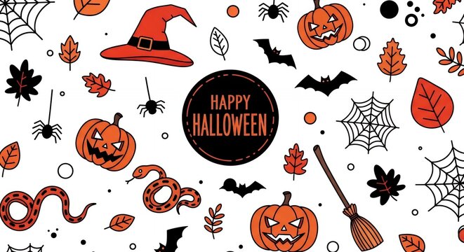 Happy Halloween banner with pumpkins, bats, and leaves. Red witch hat sits above a central circular design. Spiders, cobwebs, and snakes complete the spooky scene