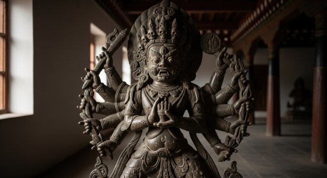 Ancient Stone Sculpture of a Multi-Armed Deity in a Temple Setting.