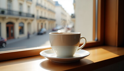 Fototapeta premium Cozy morning with steaming coffee by a sunny window in an urban setting