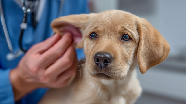 A veterinarian examines the ear of a cute yellow lab puppy