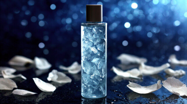 Cryo serum vial amidst floating frosted vapors with pulsing light effects for skincare innovation and science