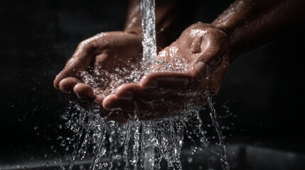 Fototapeta premium Cupped hands gracefully catch a flowing stream of clean water.