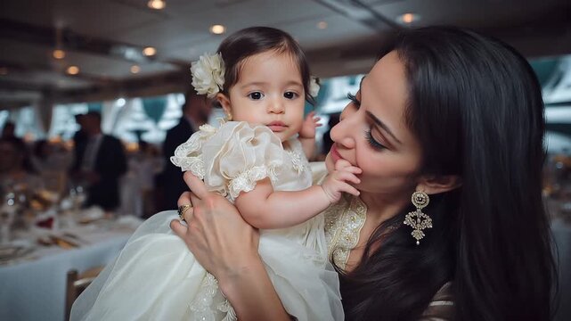 Mother holds her child at a dining table during a special event in a boat restaurant with other people around