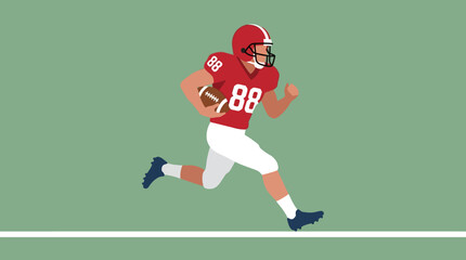 Fototapeta premium An American football player in a red jersey with number 88 runs across a green field holding a football.