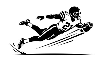 Dynamic black and white illustration of an American football player diving to catch the ball in mid-air, showing intense action and speed. © Ira Project