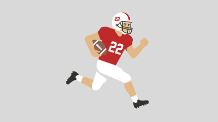 Obraz premium American football player in a red jersey with number 22, white pants, and helmet, running with the ball on a gray background.