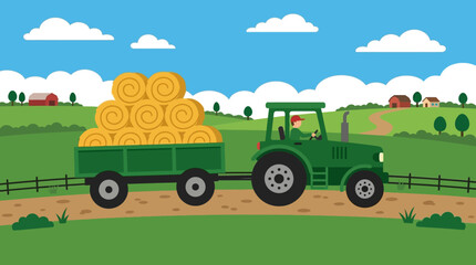 A green tractor pulling a trailer loaded with golden hay bales through a vibrant green rural landscape with barns and fences under a blue sky. © Ira Project