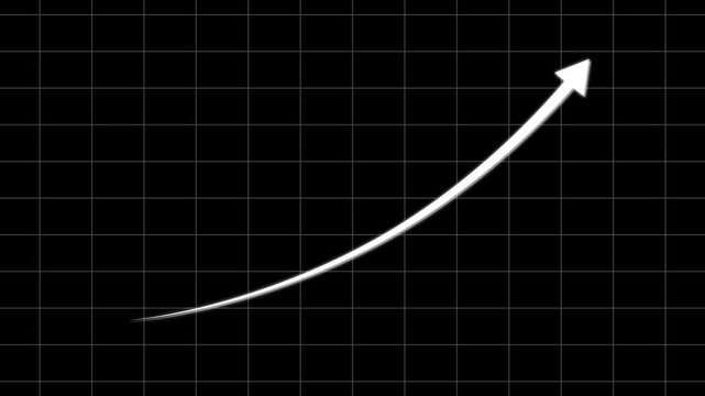 Animated white curved arrow showing upward growth trend on dark grid pattern background for business and finance data visualization chart black background progress increasing technology