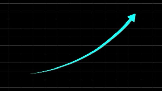 Animated cyan blue curved arrow showing upward growth trend on dark grid pattern background for business and finance data visualization chart black background progress increasing technology