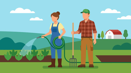 Two farmers, a man and a woman, tending to their garden  the woman waters plants with a hose while the man stands with a pitchfork on a sunny day. © Ira Project