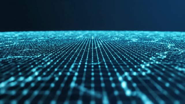 A futuristic glowing blue digital network grid pattern. Illuminated points stretch into the distance, evoking technology or data.