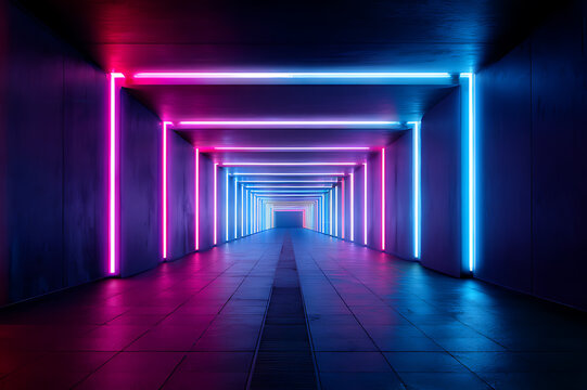 A long dark corridor with glowing neon tubes