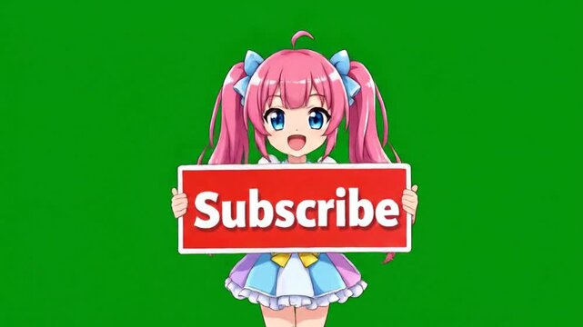 Animated Girl Winking Holding Subscribe Banner Green Screen