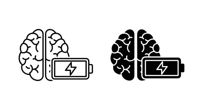 Minimalist brain and battery charging icons, human mind energy level symbols, mental health and burnout recovery vector set in black and white