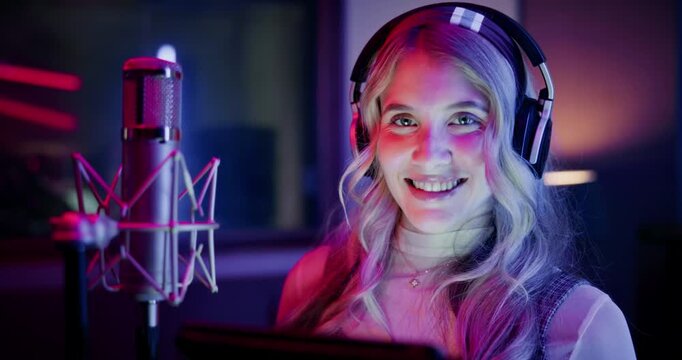 Mic, broadcast and portrait of woman with tablet for radio, talk show and script for podcast. Media agency, content creation and person with tech for live streaming, studio recording audio or hosting