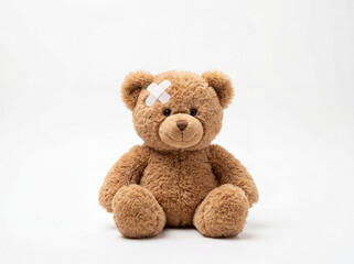 Fototapeta premium Fluffy light brown teddy bear with bandage on forehead care concept