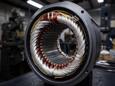 Macro view of a high efficiency electric motor stator with silver plated windings