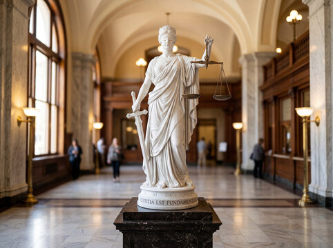 Marble sculpture of lady justice with sword and scales in lobby