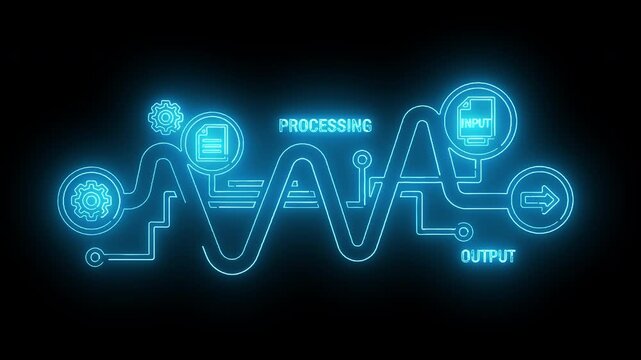 Neon blue line graph with processing and output icons on a black background with a futuristic feel.