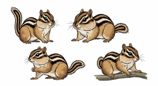 Set of four detailed chipmunk illustrations in various poses including sitting, crouching, and perching on a branch. Realistic wildlife character design with stripes on white background.