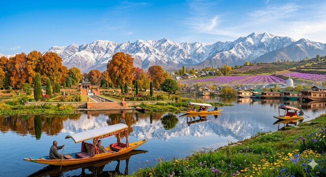 highly realistic and breathtaking landscape of Kashmir, known as &ldquo;Paradise on Earth.&rdquo; Majestic snow-covered mountains rise under a crystal-clear blue sky, while the serene Dal Lake reflects the entire