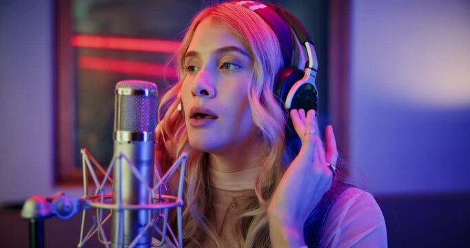 Microphone, woman and musician in music booth with headphones for recording song with talent. Singer, media and female artist singing with audio tech for production on album in sound studio on radio.
