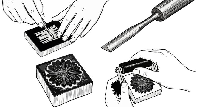 Black ink illustration set showing linocut printmaking process: hands carving a woodblock with a gouge, a chisel tool, a finished flower stamp, and applying ink with a brayer roller.