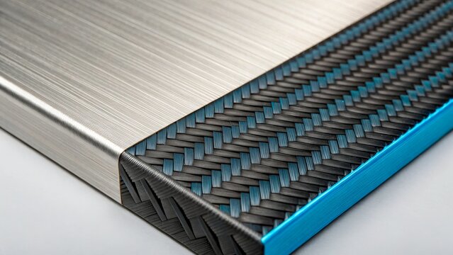 Close-up view of a modern surface combining metal and carbon fiber at an industrial design studio