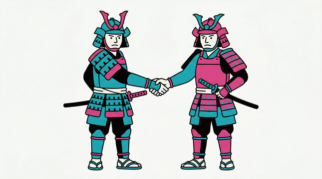 握手をして契約を交わす二人の武将　和解・同盟・ビジネスの成功イメージ