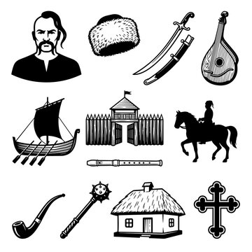 Zaporozhian Cossack culture icons set: warrior, saber, bandura, and historical Ukrainian heritage symbols
